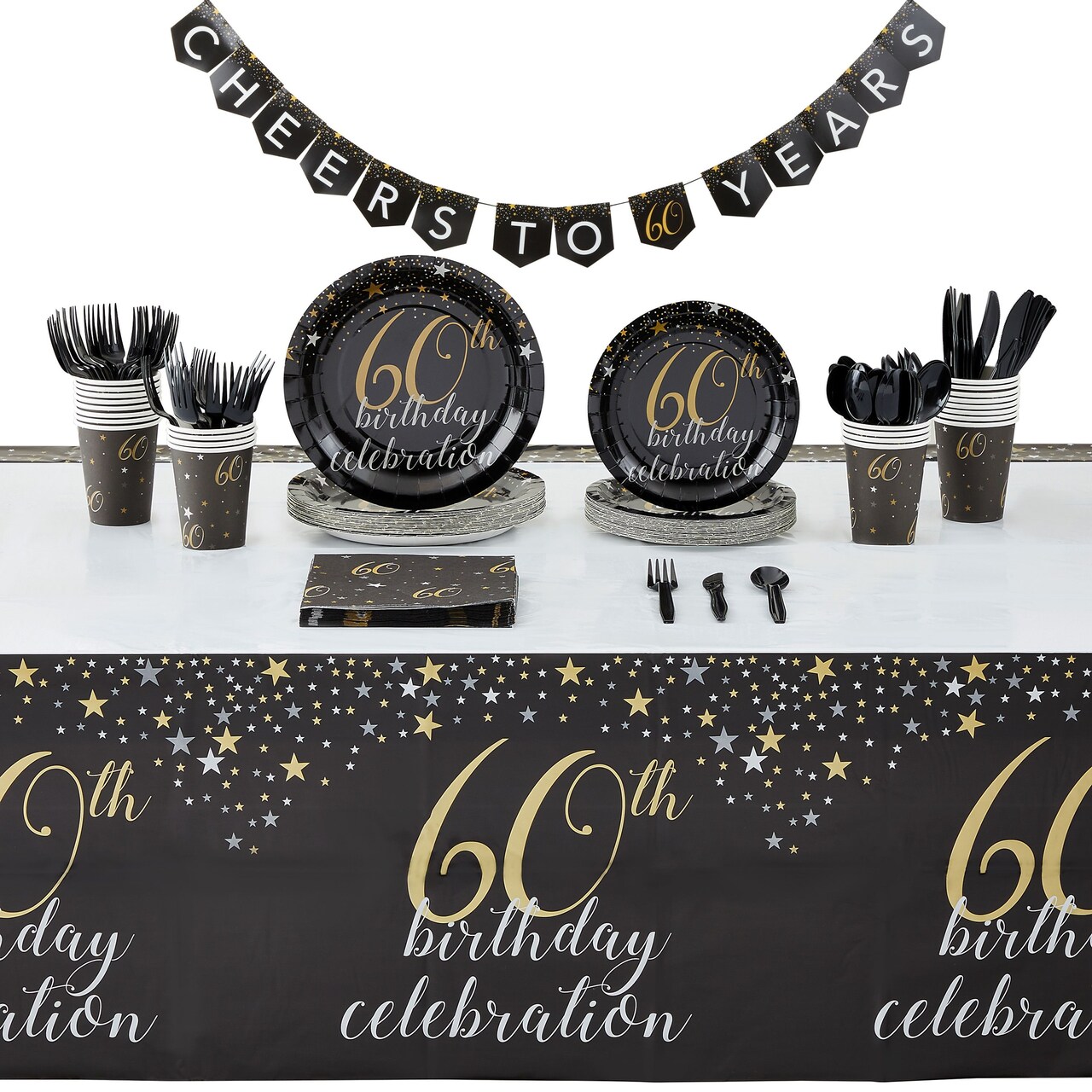 60th Birthday Party Supplies and Decorations with Banner, Tablecloth,  Serves 24 Black and Gold Paper Plates, Napkins, Cups, Cutlery (170 Pieces)